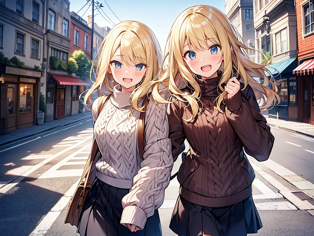 Top quality, 1 beautiful girl, , Blonde, medium length hair, Wavy Hair, Hair blowing in the wind, standard weight, Cable-knit Sweater, laugh with an open mouth, walking, (main street), beautiful scene, cowboy shot