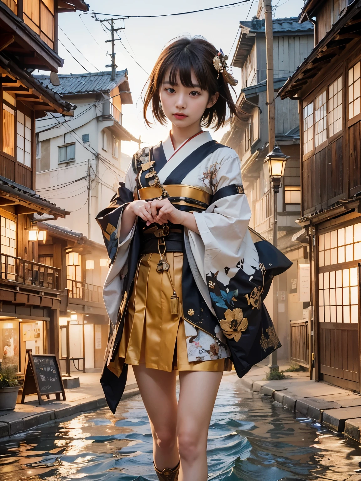 (masterpiece、highest quality、Realistic photos)、A very cute Japanese woman、(Brown skin:1.4)、A complex copper and brass mechanical armor with a skull motif.、Bat Wings、White tone、Blue accents、foot、Extremely intricate details、Posing on the medieval castle walls at sunset、Full Body Shot、Minimum 4 or more generated