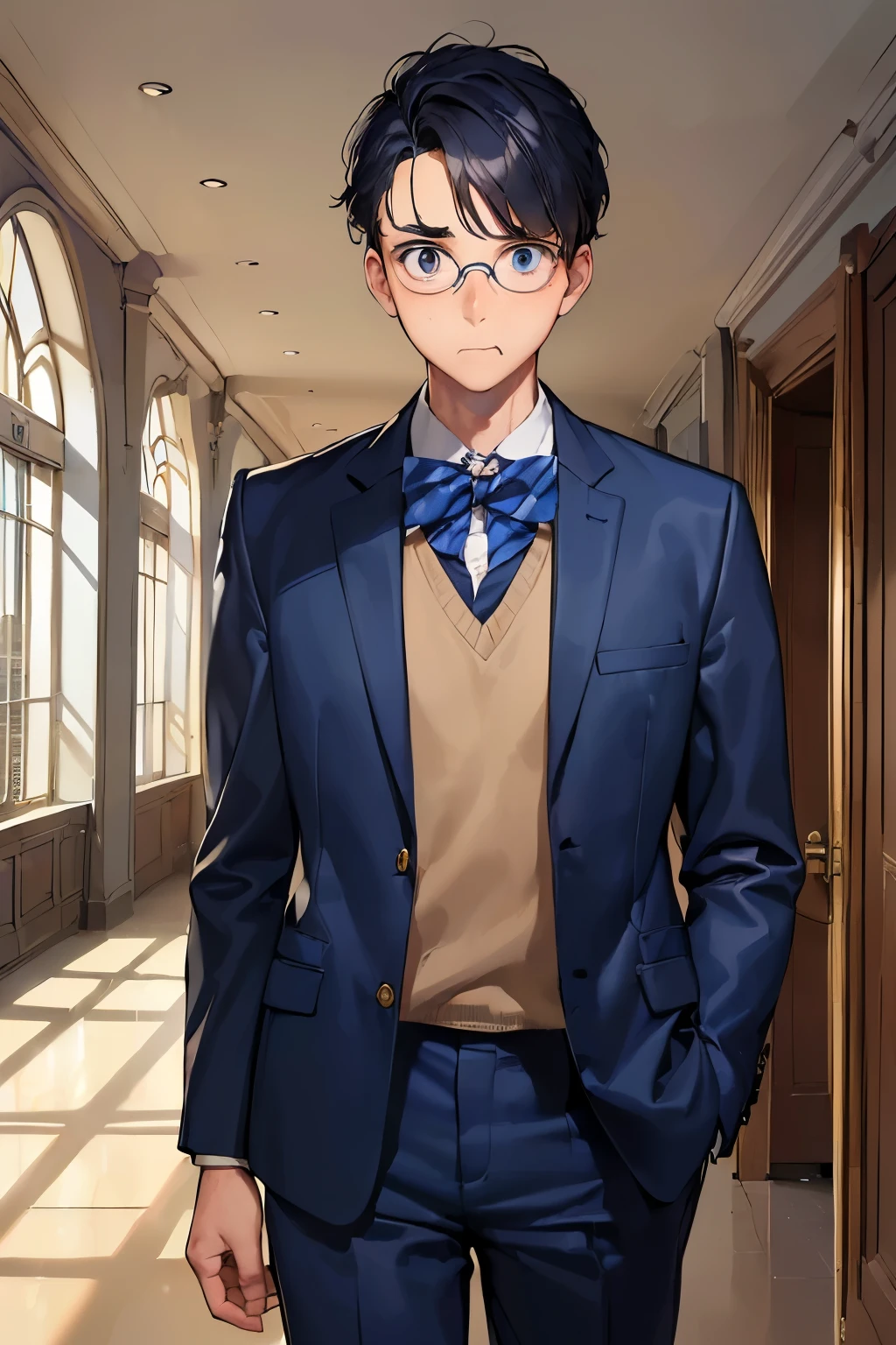 ((best quality)), ((masterpiece)), ((detailed)), (((perfect face))), (((18yo teen boy in navy blue suit))), (((glasses))), (((nervous))), (((big, wide eyes))), (((interior school corridor))), (((looking at viewer))), (((surprised:1.4))), (((mouth closed)))