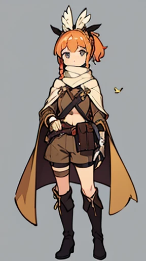 Western fantasy world,full body picture, figure, Standing image,Full body picture,figure设定图,Three views of charactermorpg,Apricot hair,High Ponytail,Braiding,Holding a bow and arrow,Archer,1 girl,Imperial sister body type,Waist bag,Shooter,Archery,Western Fantasy Adventure,西幻Archer,Brown shorts,Feather headdress,Thigh-high boots that go above the knee,Arm Guard,Glove finger guard,travelling poet,Tassel-decorated ethnic scarf,Bow pulling pose,Hooded camouflage cape,Savage,hunting,hunting。