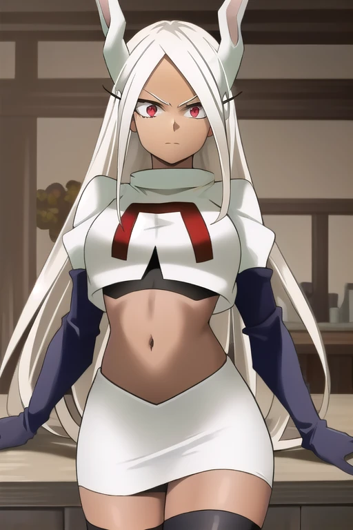 ((best quality)), ((highly detailed)), masterpiece, (detailed eyes, deep eyes), (1girl), (cowboy shot), mirkomha, boku no hero academia, white hair, very long hair, (red eyes), ((dark skin:1.3)), muscular female, rabbit ears, large breasts, team rocket,team rocket uniform,white skirt,red letter R,crop top,black thigh-highs,black elbow gloves