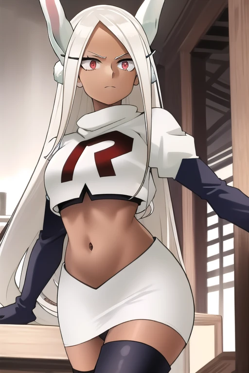 ((best quality)), ((highly detailed)), masterpiece, (detailed eyes, deep eyes), (1girl), (cowboy shot), mirkomha, boku no hero academia, white hair, very long hair, (red eyes), ((dark skin:1.3)), muscular female, rabbit ears, large breasts, team rocket,team rocket uniform,white skirt,red letter R,crop top,black thigh-highs,black elbow gloves