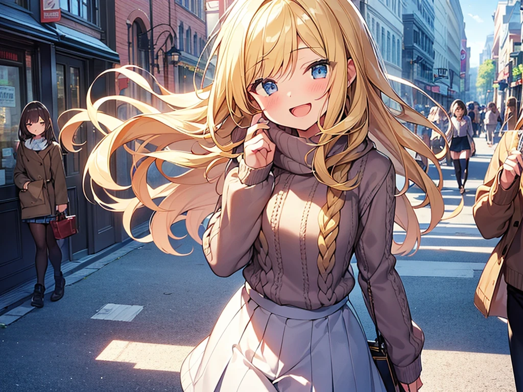 Top quality,( 1 beautiful girl), junior high school student, Blonde, medium length hair, Wavy Hair, Hair blowing in the wind, standard weight, Cable-knit Sweater, laugh with an open mouth, walking, (main street), beautiful scene, cowboy shot