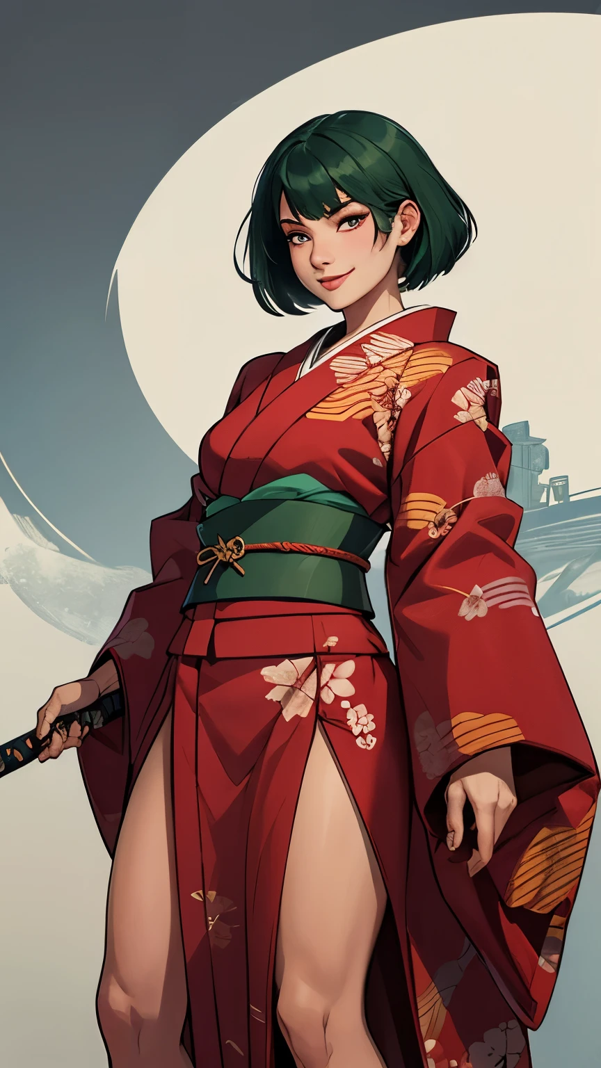 Standing posture,True Face,From the knee up,Dark green hair,Short Hair,Cool girl,Japanese,Kimono Beauty,Japan Warlords,Japanese sword,Slit eyes,Smile,Weight: 60kg,185cm,Muscular,Normal makeup,Age 35,Sharp texture,An illustration