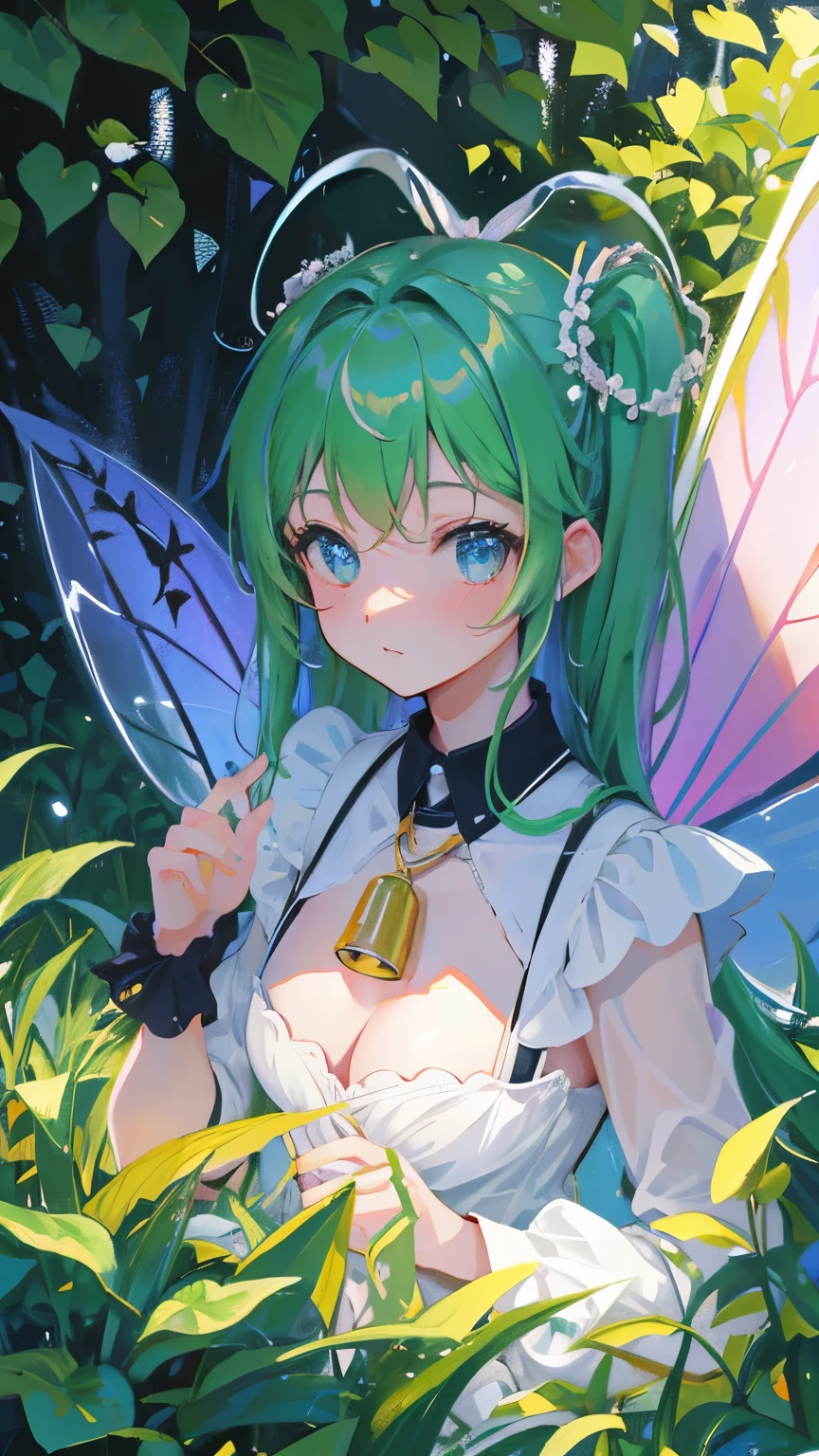 rainbow hair, bell, Pop art, drop shadow, masterpiece, super detail, high details, highres, (fairy), ((Tinker Bell)), thin wings, in the forest, flying in the sky, pastel colors, pastel art