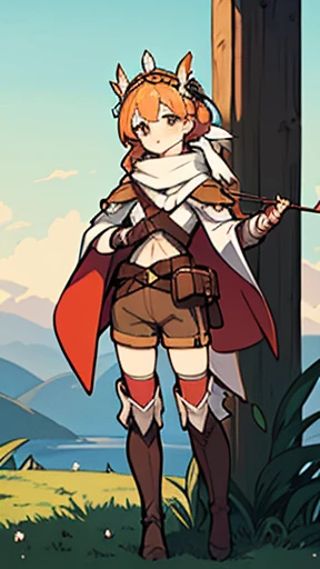 Western fantasy world,full body picture, figure, Standing image,Full body picture,figure设定图,Three views of charactermorpg,Apricot hair,High Ponytail,Braiding,Holding a bow and arrow,Archer,1 girl,Imperial sister body type,Waist bag,Shooter,Archery,Western Fantasy Adventure,西幻Archer,Brown shorts,Feather headdress,Thigh-high boots that go above the knee,Arm Guard,With a bow and arrow on his back,Glove finger guard,travelling poet,Ethnic style scarf,Bow pulling pose,Hooded fringed cape,hunting,hunting。