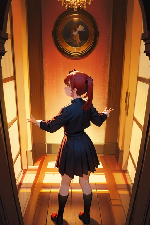 masterpiece, highest quality, Short girl, Red hair, Twin tails,witch, standing on the floor, placing their hands down and arching their back, resembling the shape of a shrimp.