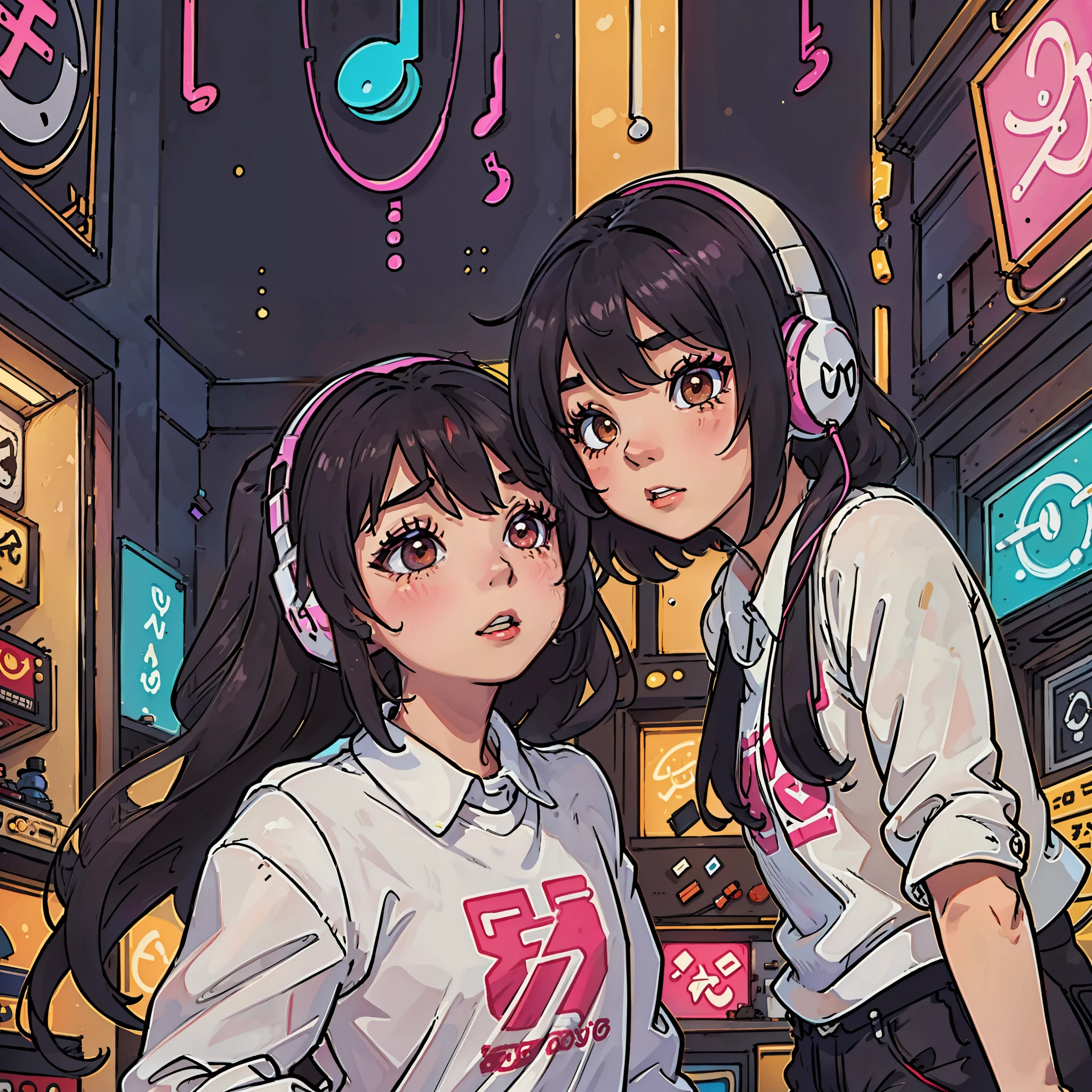 junkotvv boy and girl listen to music with headphones together in an old vinyl store, A room with a lot of singer posters, estilo de los 80, with neon lights. El ambiente es triste cuando la chica quiere romper.