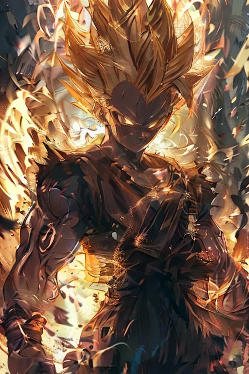 (Boy),(teenager 16 years old),(young),(light brown skin color),(bright brown eyes),(average physical height of a teenager),(short black curly hair Brazilian Afro style),(Transforming into a super Saiyan level 1)