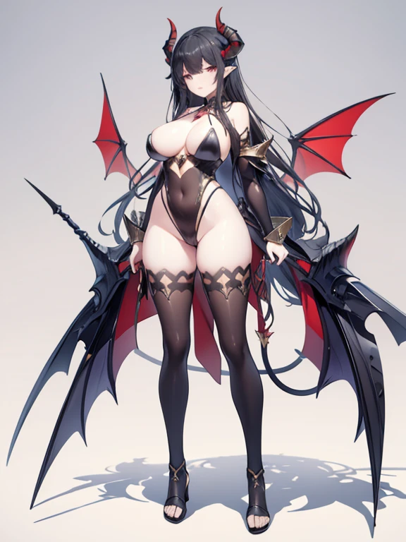 masterpiece, highest quality,Bikini Armor,tall, Large-breasted women,Devil horns,wing,tail,,no background,  flat chest,Full body illustration, Long black hair, Full body portrait, anime ,standing