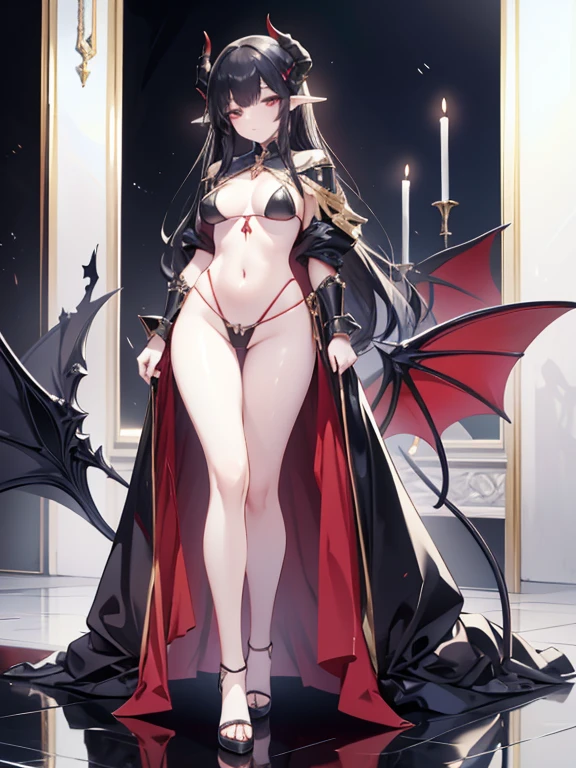 masterpiece, highest quality,Bikini Armor,tall, Large-breasted women,Devil horns,wing,tail,,no background,  flat chest,Full body illustration, Long black hair, Full body portrait, anime ,standing
