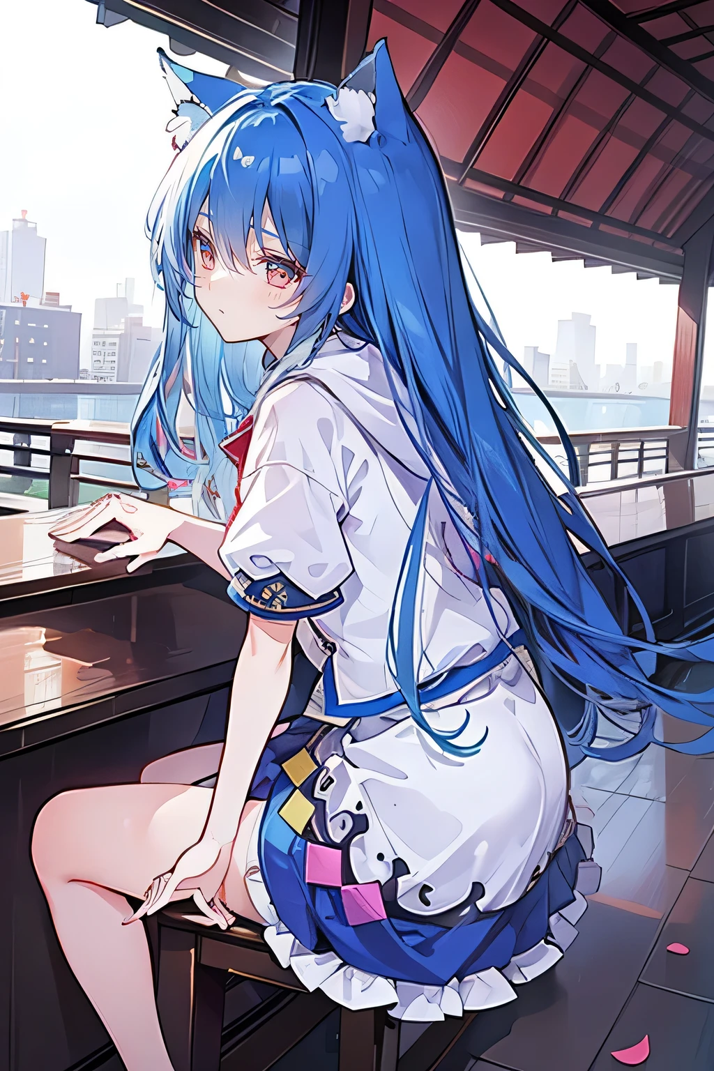 （masterpiece：1.2），Super detailed，lifelike，Expressive eyes，fair skin，perfect face shape，1 girl，
Japanese comics,Gorgeous blue hair,flowing blue hair,flowing clothes,Cat ears,Petals fall,beautiful lola,Baby Angel,
Cross your legs，Gentle and peaceful background，The pavilion is cool and comfortable,smile, wearing hoodie, background of tokyo,back views,snowing, winter.