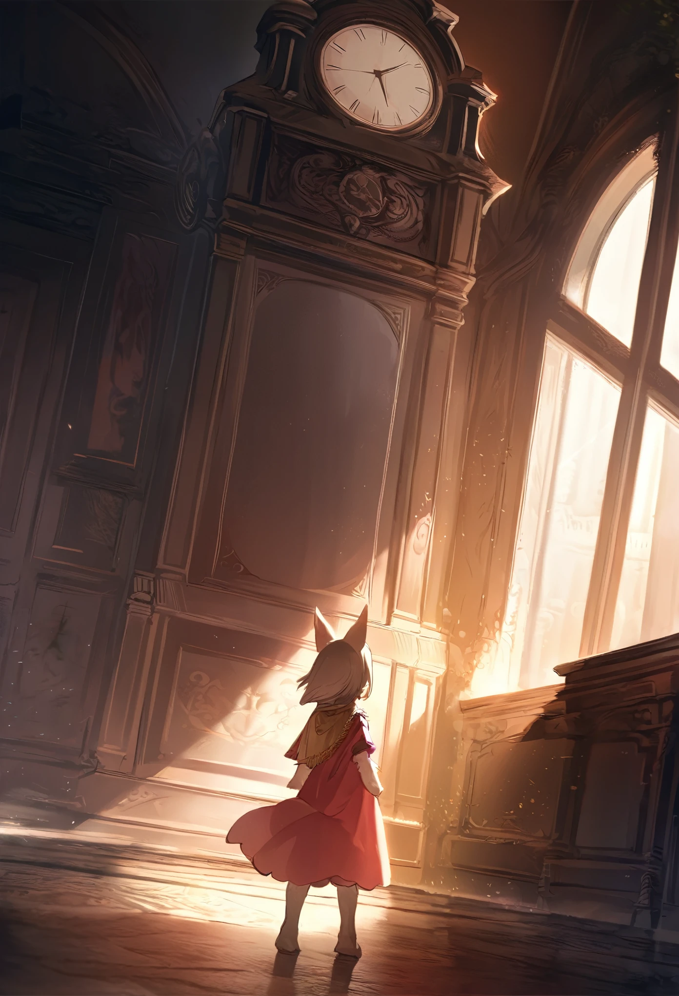 cover page, highres, top quality, best quality, paid reward available, unparalleled masterpiece, perfect artwork, absurdres, High-quality illustrations, super high resolution, detailed background, perfect anatomy(1girl, kemono, furry anthro, fearless smile, reach for the clock) in room with clock, fantasy artwork, cinematic lighting, Backlight,