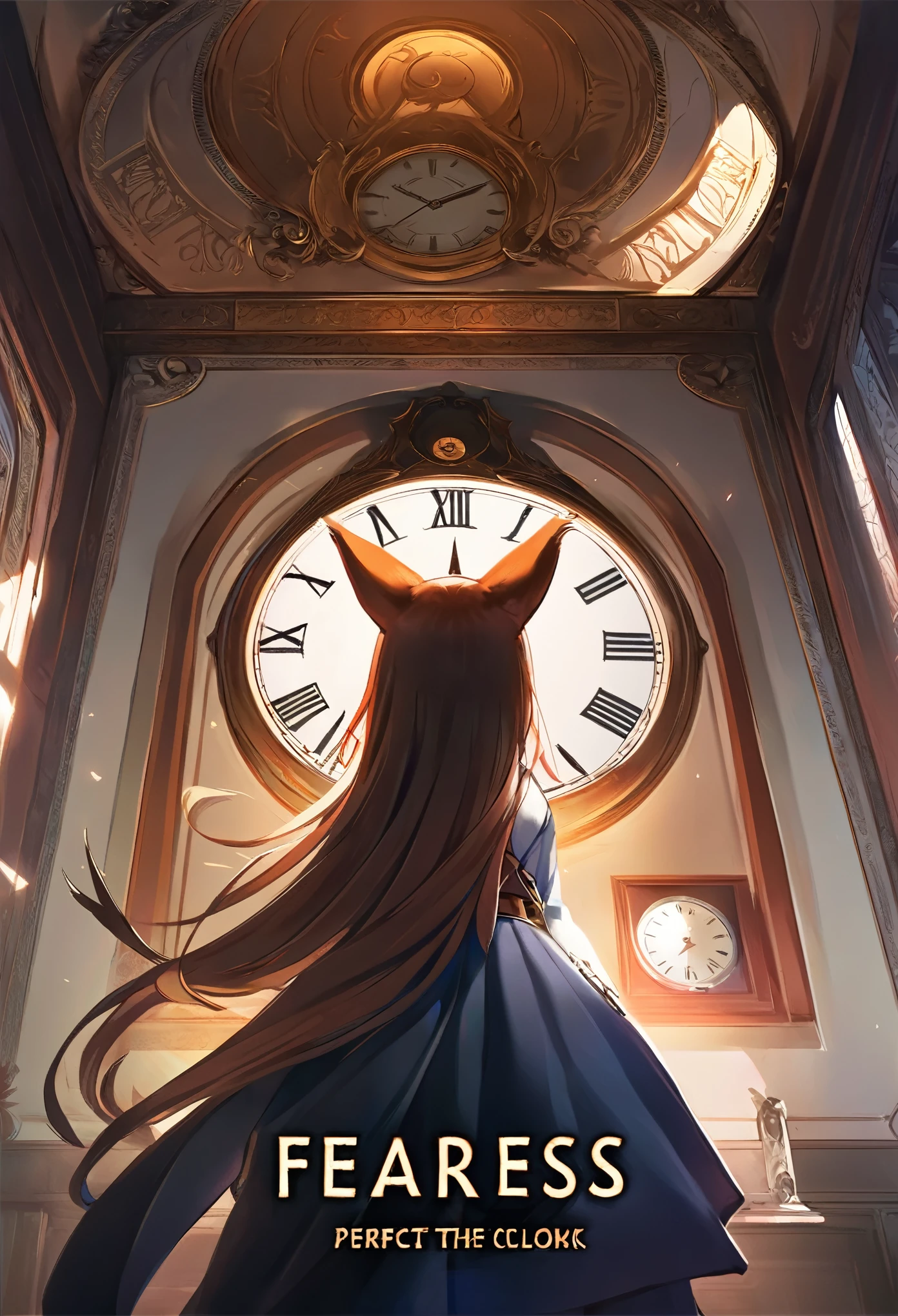 cover page, highres, top quality, best quality, paid reward available, unparalleled masterpiece, perfect artwork, absurdres, High-quality illustrations, super high resolution, detailed background, perfect ???????(1girl, kemono, furry anthro, fearless smile, reach for the clock) in room with clock, fantasy artwork, cinematic lighting, Backlight,