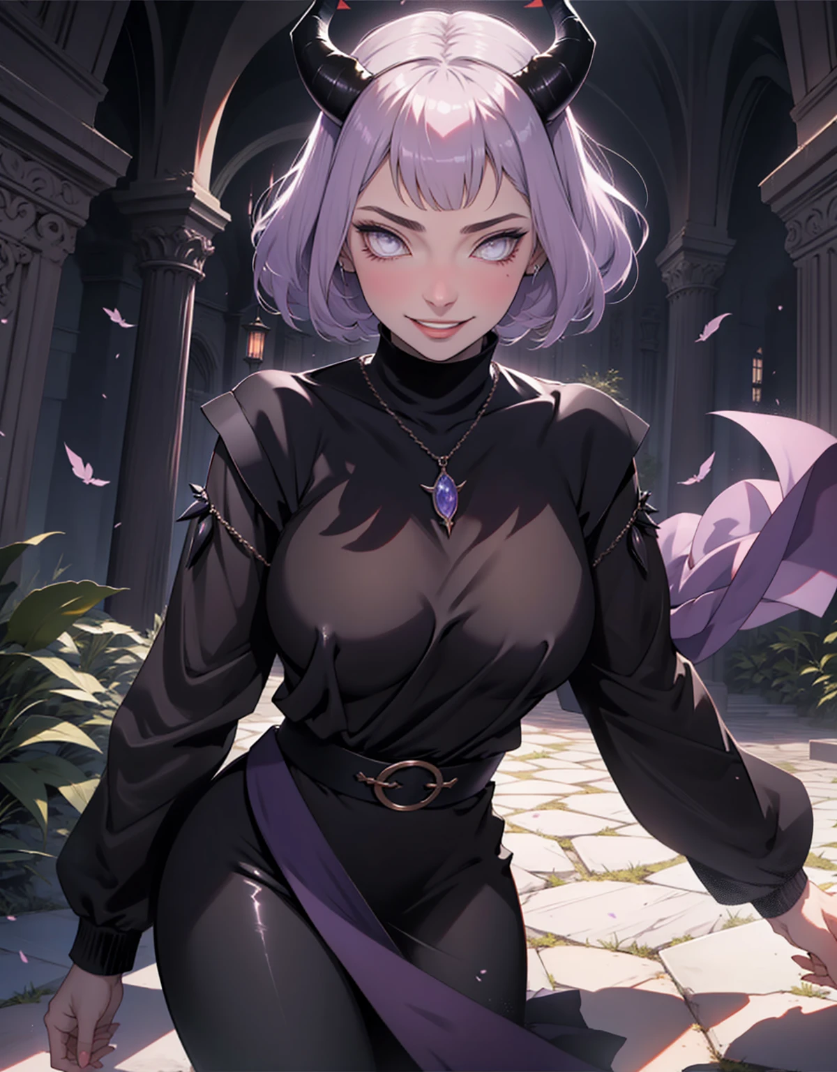 1 mulher, dressed up as maleficent, strong emotions, hinata, cabelo curto, (cabelo preto) , luz, foco, como malevola, corpo inteiro, horns on head, solo, magia ao seu redor, she is in front of a castle,(leggings and black blouse), from head to toe ((corpo inteiro!!!), maligna, rosto perverso, sorriso maligno, lilac eyes