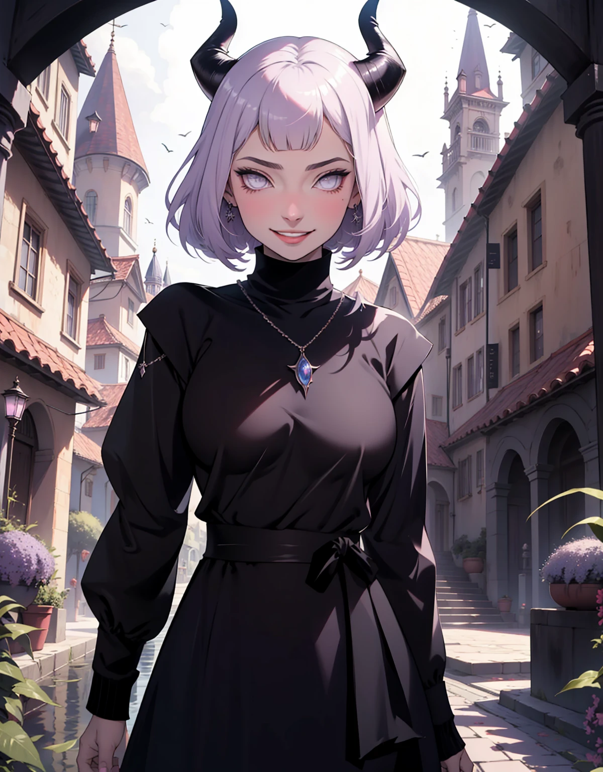 1 mulher, dressed up as maleficent, strong emotions, hinata, cabelo curto, (cabelo preto) , luz, foco, como malevola, corpo inteiro, horns on head, solo, magia ao seu redor, she is in front of a castle,(leggings and black blouse),  from head to toe ((corpo inteiro!!!), maligna, rosto perverso, sorriso maligno, lilac eyes