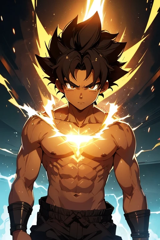 (Boy),(ager 16 young),(light brown skin color),(bright brown eyes),(average physical height of a teenager),(shortck curly hair Brazilian Afro style),(Transforming into a super Saiyan level 1)