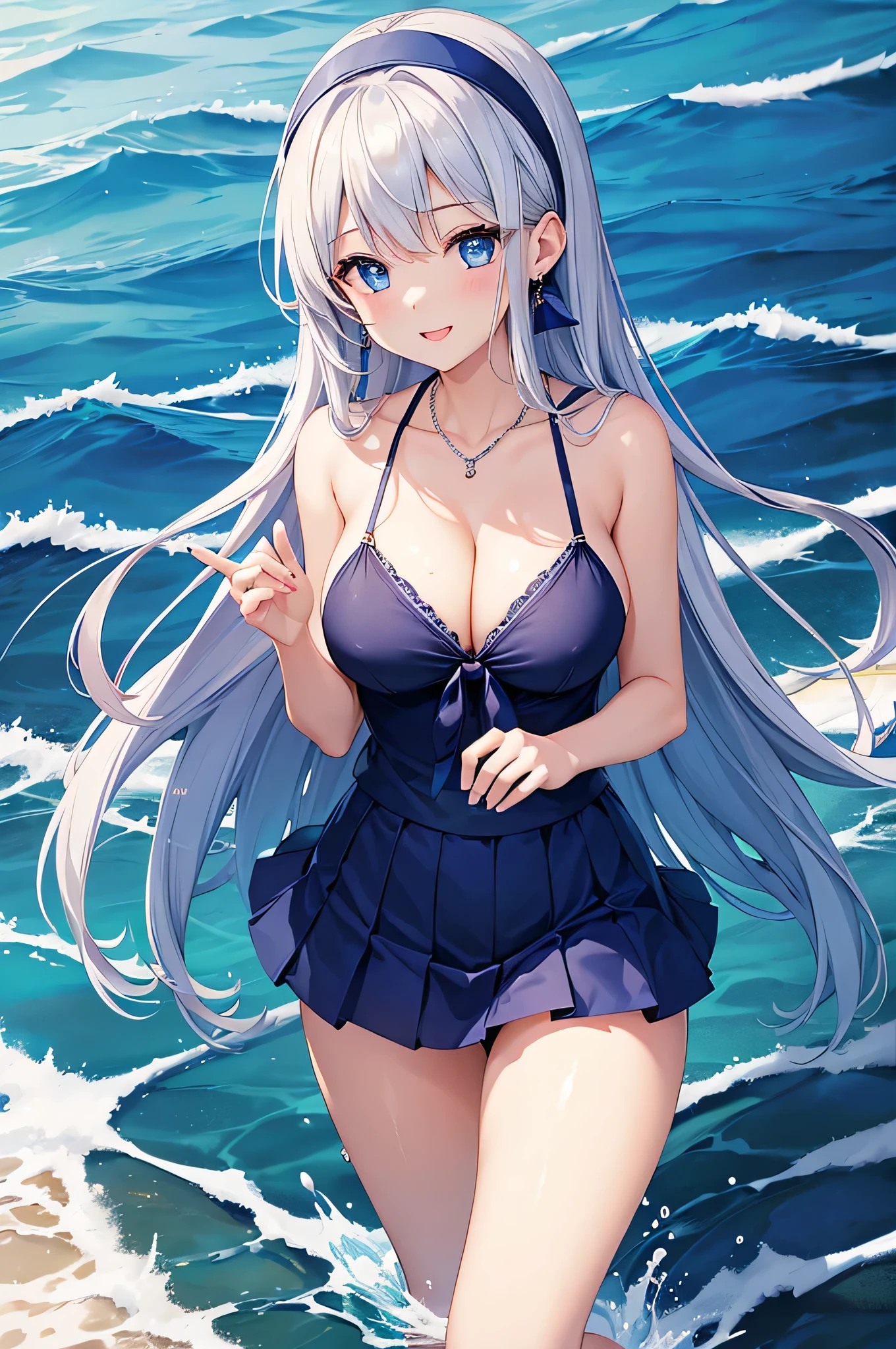 highest quality、Highest quality、masterpiece、beautiful girl、((1 female:1.5))、Navy blue long hair、blue eyes、Sexy bikini in dark blue、Big cleavage、(Big Breasts),smile、necklace、Blue earrings、situation(Swimming in the sea)、Open your mouth wide、Navy blue short skirt、white headband、Standing and immersing your feet in seawater up to your thighs、super close range、Emphasize the chest、forward leaning posture
