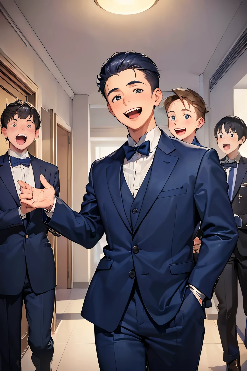 ((best quality)), ((masterpiece)), ((detailed)), (((perfect face))), (((teen boys in navy blue suits))), (((laughing, smiling, happy))), (((big, wide eyes))), (((interior school corridor))), (((looking at viewer))), (((surprised:1.4)))