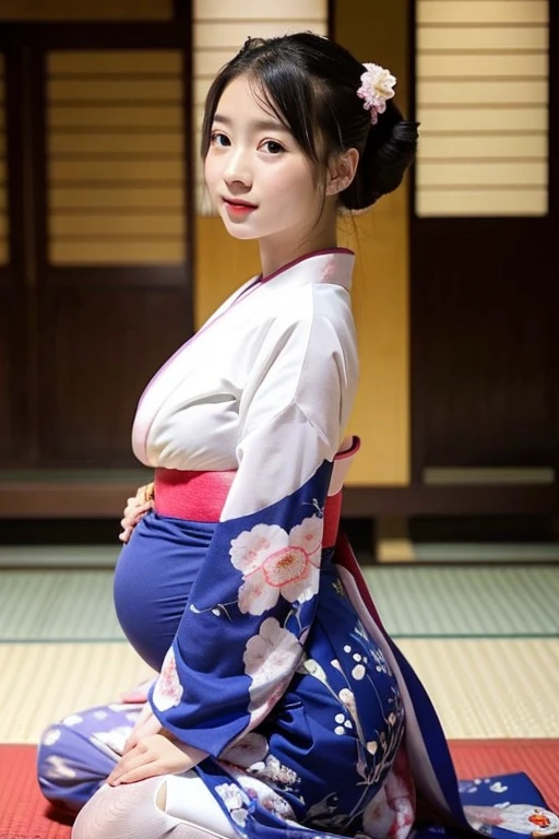 (kimono)、masterpiece、beautiful pregnant girl、big pregnant belly, 40 weeks pregnant, huge breasts, beautiful and delicate eyes、best quality, Super high resolution, (reality: 1.4), Cinema Lighting、(japanese girls)、So beautiful、beautiful skin、(Looking at the audience)、(초reality적인)、(high resolution)、(8k)、(very detailed)、(beautiful details)、(very detailed)、 (wallpaper)、detailed face、bright lights、professional lighting、laugh, whole body.