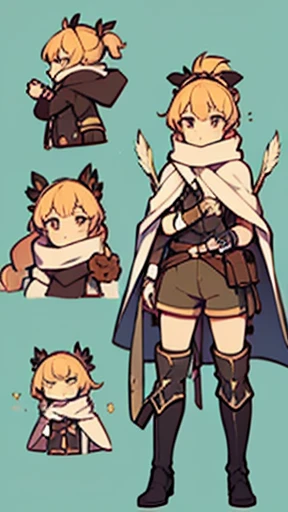 Western fantasy world,full body picture, figure, Standing image,Full body picture,figure设定图,Three views of charactermorpg,Apricot hair,High Ponytail,Braiding,Holding a bow and arrow,Archer,1 girl,Imperial sister body type,Waist bag,Shooter,Archery,Western Fantasy Adventure,西幻Archer,Brown shorts,Feather headdress,Thigh-high boots that go above the knee,Arm Guard,With a bow and arrow on his back,Glove finger guard,travelling poet,Ethnic style scarf,Bow pulling pose,Hooded fringed cape,hunting,hunting,Mysterious,There is magic。