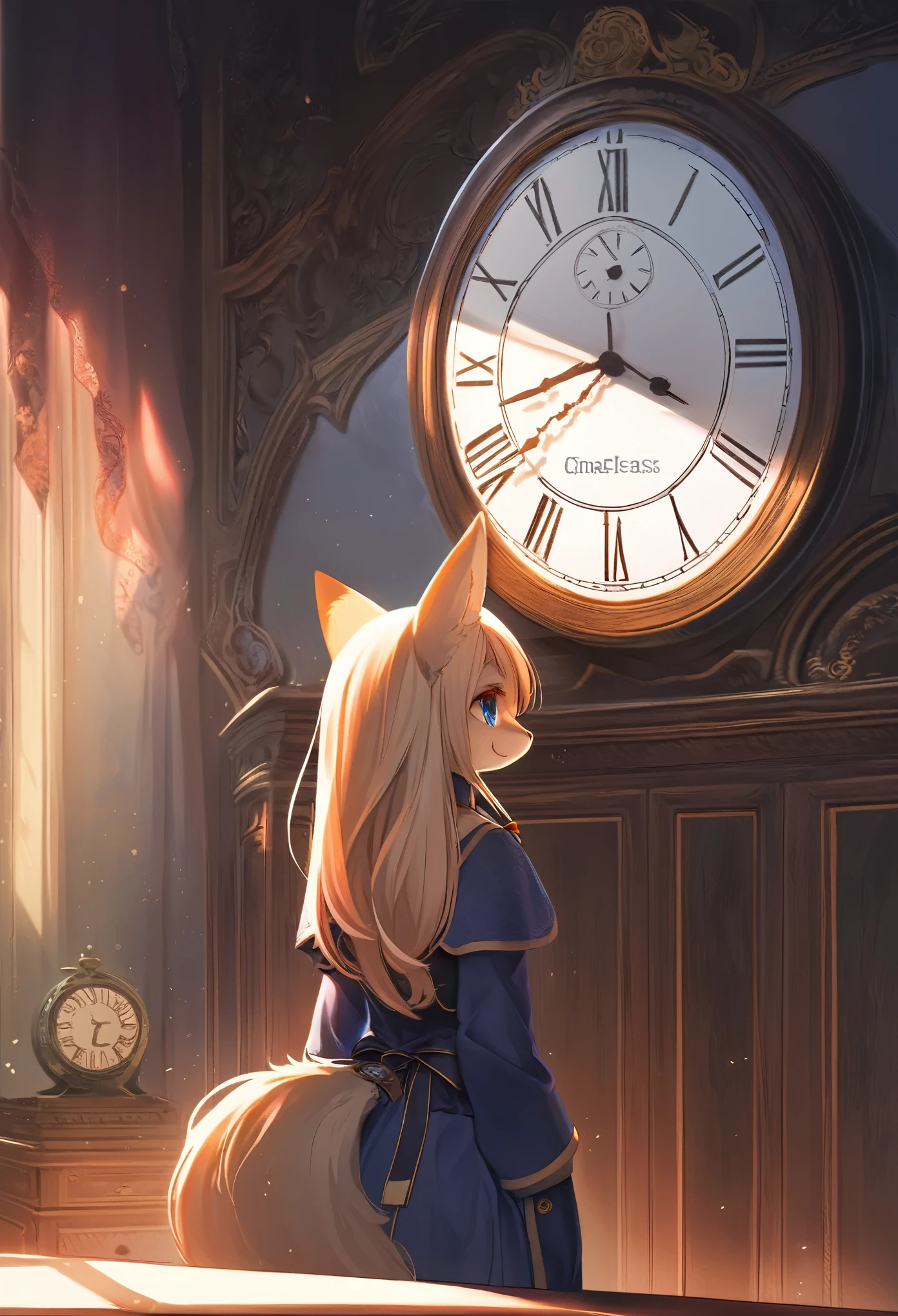 cover page, highres, top quality, best quality, paid reward available, unparalleled masterpiece, perfect artwork, absurdres, High-quality illustrations, super high resolution, detailed background, perfect anatomy(1girl, kemono, furry anthro, fearless smile, reach for the clock) in room with clock, fantasy artwork, cinematic lighting, Backlight,