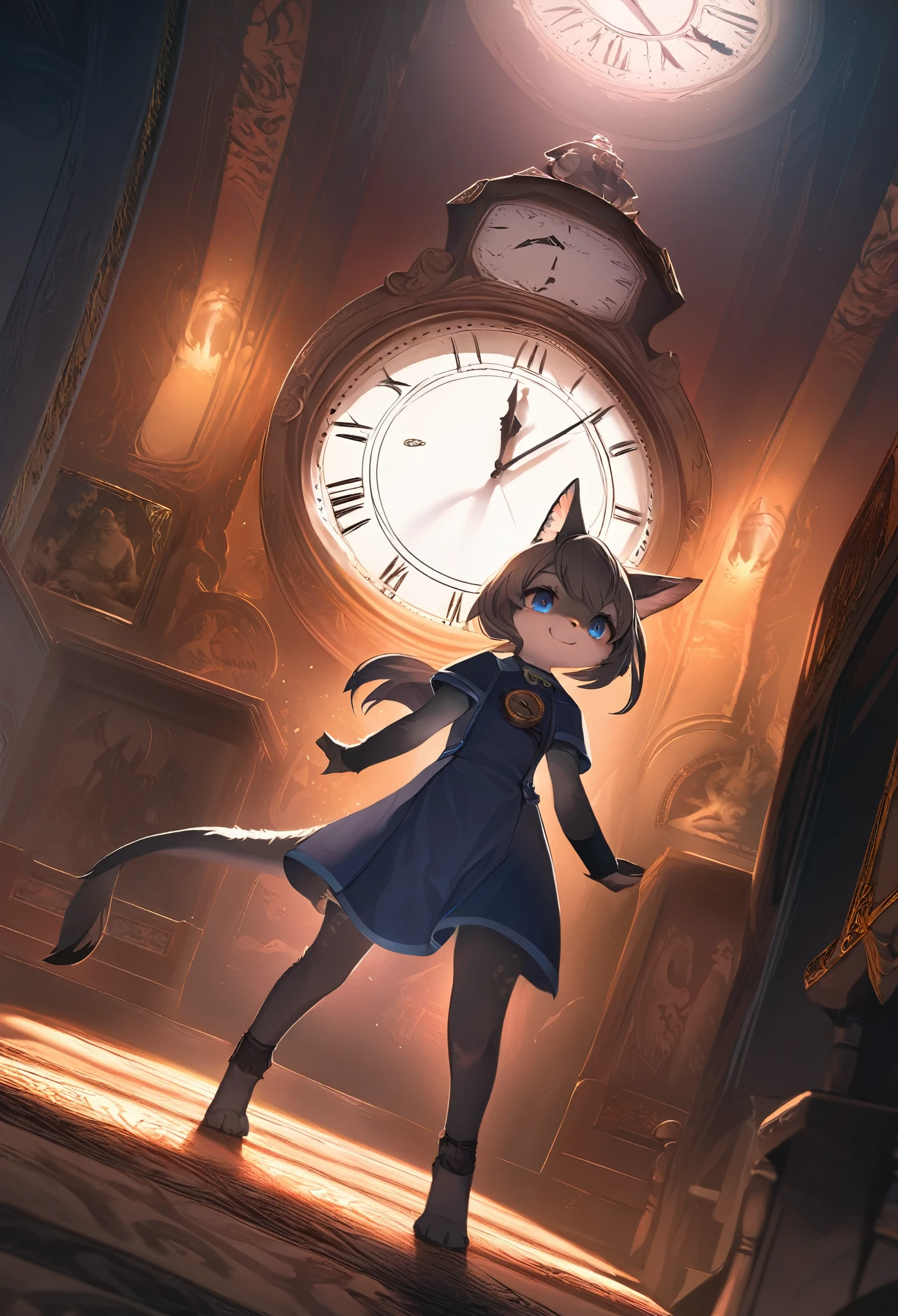cover page, highres, top quality, best quality, paid reward available, unparalleled masterpiece, perfect artwork, absurdres, High-quality illustrations, super high resolution, detailed background, perfect anatomy(1girl, kemono, furry anthro, fearless smile, reach for the clock) in room with clock, fantasy artwork, cinematic lighting, Backlight,