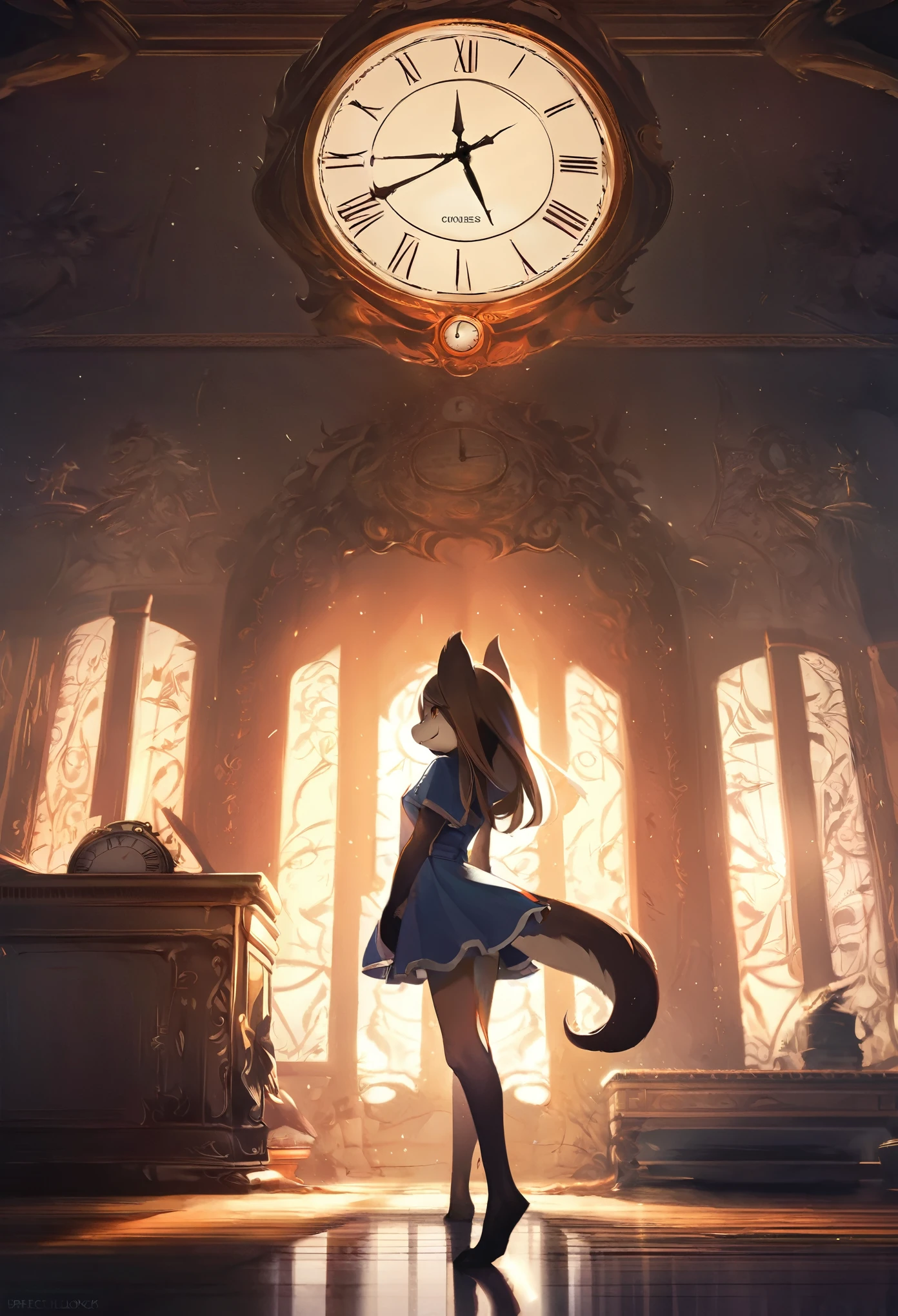 cover page, highres, top quality, best quality, paid reward available, unparalleled masterpiece, perfect artwork, absurdres, High-quality illustrations, super high resolution, detailed background, perfect anatomy(1girl, kemono, furry anthro, fearless smile, reach for the clock) in room with clock, fantasy artwork, cinematic lighting, Backlight,