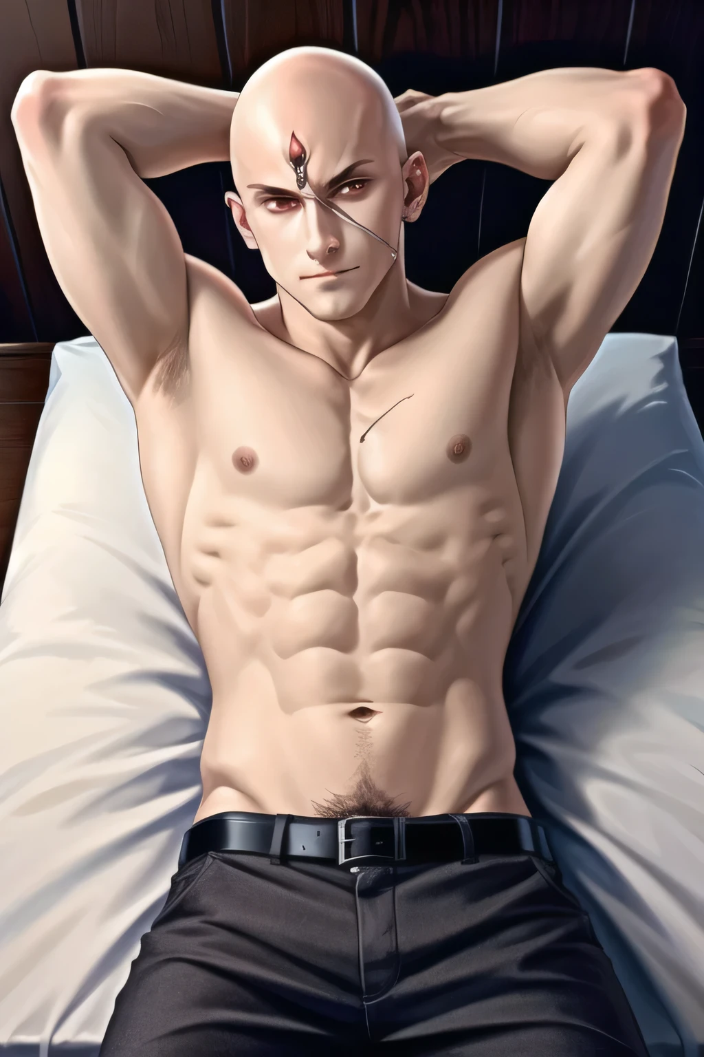 masterpiece, best quality, high quality, 1boy, solo, male focus, shirt off, bald, red eyes, other hand behind head, full view, lying on bed, waist.