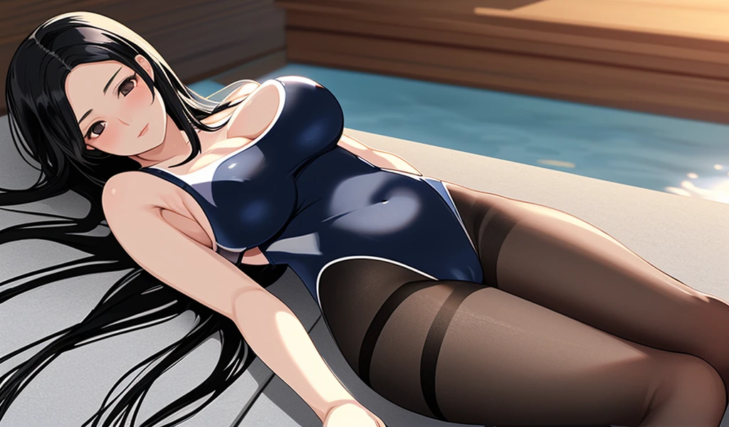 A woman with long black straight hair and big breasts in a one-piece swimsuit and pantyhose is lying indoors