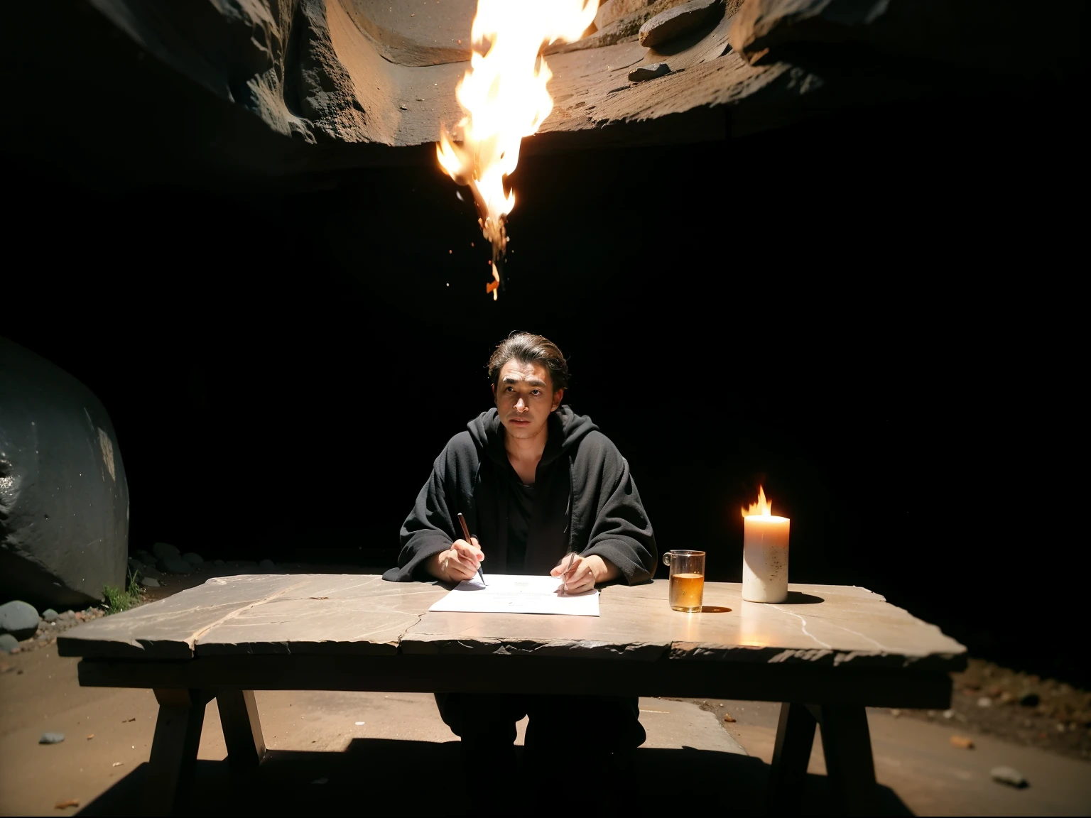 cartoon，A man in a black robe sits at a stone table，Background cave，Gray environment，There is a bonfire