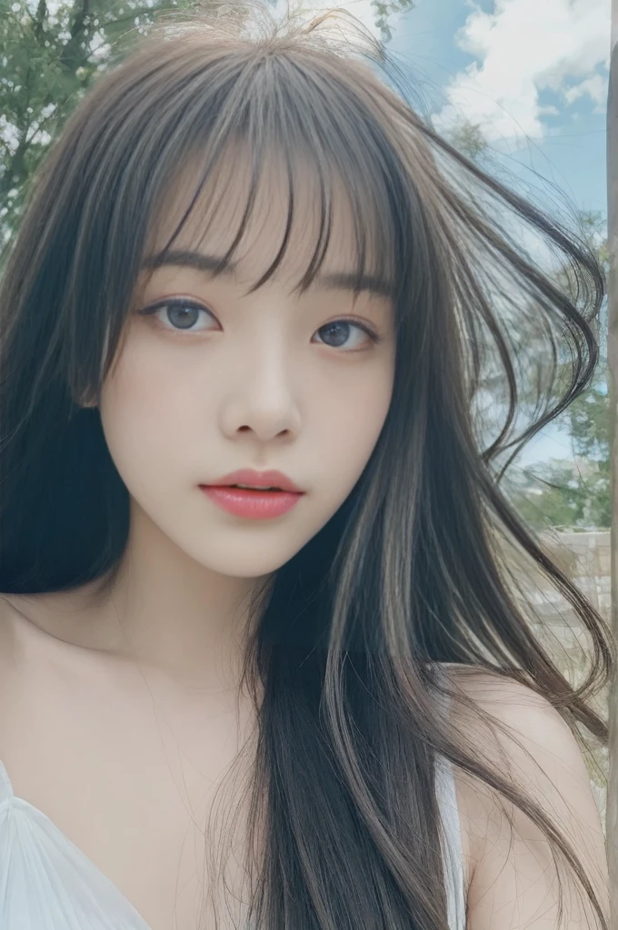 (detailed and realistic portrait of a girl with a clean face), (round eyes and long flutters hair shot outside),staring at camera,magical photography, dramatic lighting, photo realism, ultra-detailed,
intimate portrait composition, (centered image composition),(close up shot:1.6),best quality,f/1. 8, 85mm,
(18years asian woman), yellow_hair,(black_eyes:1.2),(bangs),makeup,white_dress,
(hazy blue_sky_background)
