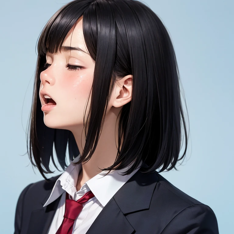 NSFW, (kawaii 24 year-old Japanese girl, Nogizaka idol, Korean idol), (glossy hair, very short hair, bangs:1.3), (beautiful black eyes, rounded face, single eyelid, no makeup, embarrassed, noseblush:1.3), (sex silly, half opened eyes, half opened mouth, cum on face:1.5), (wearing suit jacket, collared shirt, necktie:1.3), (extra small breasts:0.9), (looking at something out of frame:1.3), BREAK, (simple blue background:1.3), (profile, bust shot:1.3), BREAK, (masterpiece, best quality, photo realistic, official art:1.4), (UHD, 8K quality wallpaper, high resolution, raw photo, golden ratio:1.3), (shiny skin), professional lighting, physically based rendering, award winning, (highly detailed skin, extremely detailed face and eyes), Carl Zeiss 85 mm F/1.4, depth of field, 1girl, solo,