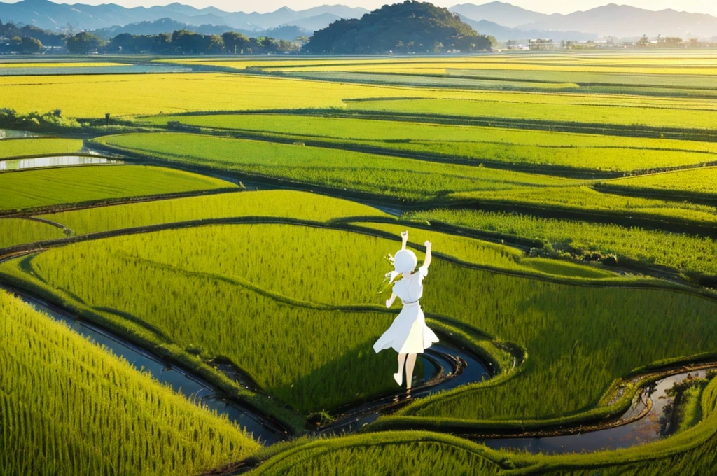 (masterpiece, best quality:1.1), popart,flat color,summer rice field,In the distance, I see a dancing white silhouette in the middle of the rice paddy.,,,,,Vision,,,,,,,Summer Japan landscape,beautiful lighting, photographic portrait, sharp,