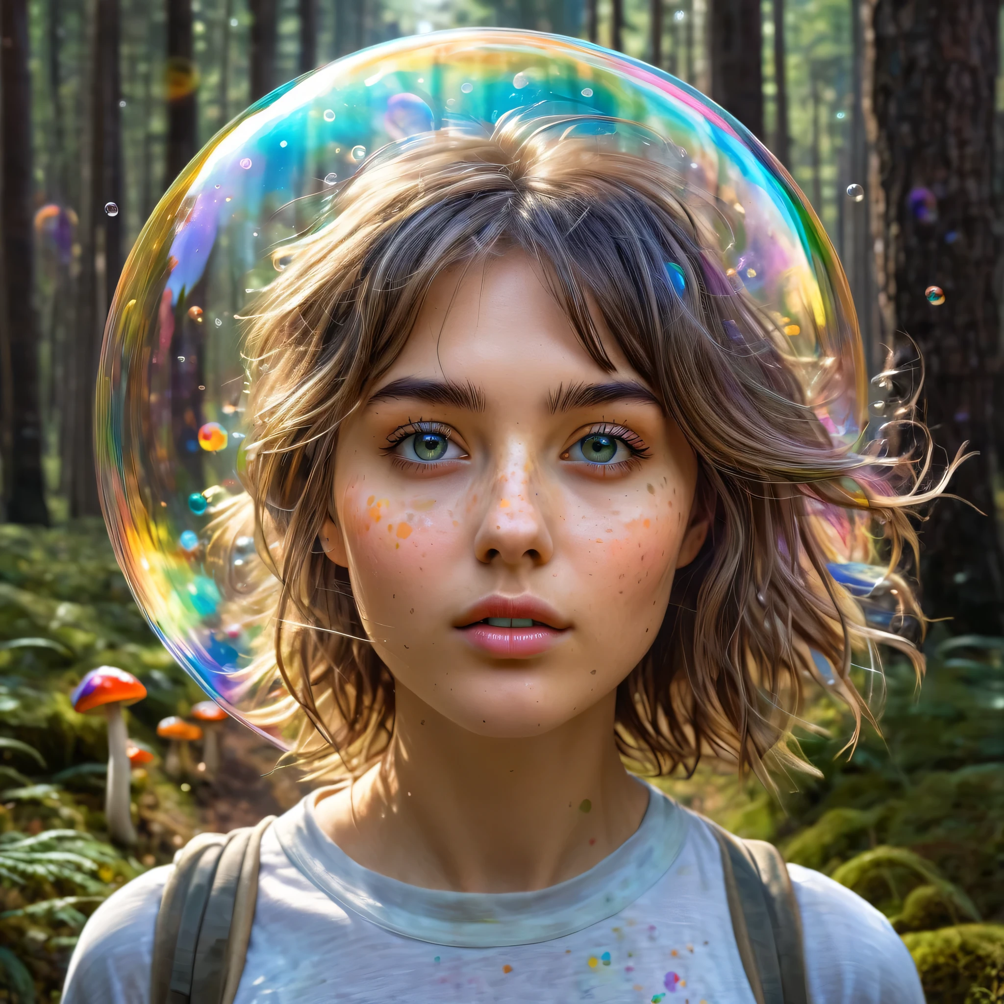 nahida (masterpiece), (best quality), (ultra detailed),(disheveled hair),(illustration), (1girl), beautifuldetailedeyes,delicate beautiful face,Floating,(high saturation),(colorful splashes),colorful bubble,(shining),focus on face, walking in a forest full of colorful mushrooms