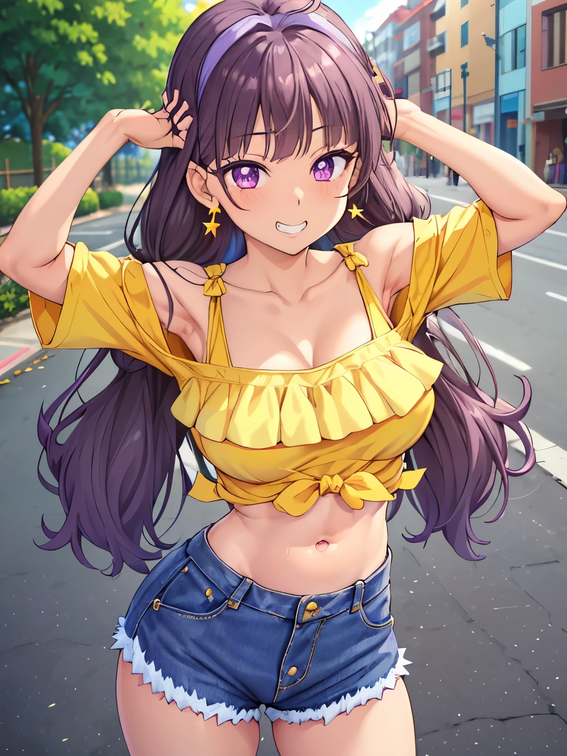 Amanogawa Kist, One girl, alone, Purple hair band, Star earrings, Yellow Shirt, Exposing shoulders, Off the shoulder、
Denim hot pants、  View your viewers, Cowboy Shot, Are standing, 
street、
Thighs、Big Breasts、 belly button、Groin、Purple Eyes、
blush、Grin、Raise your arms、