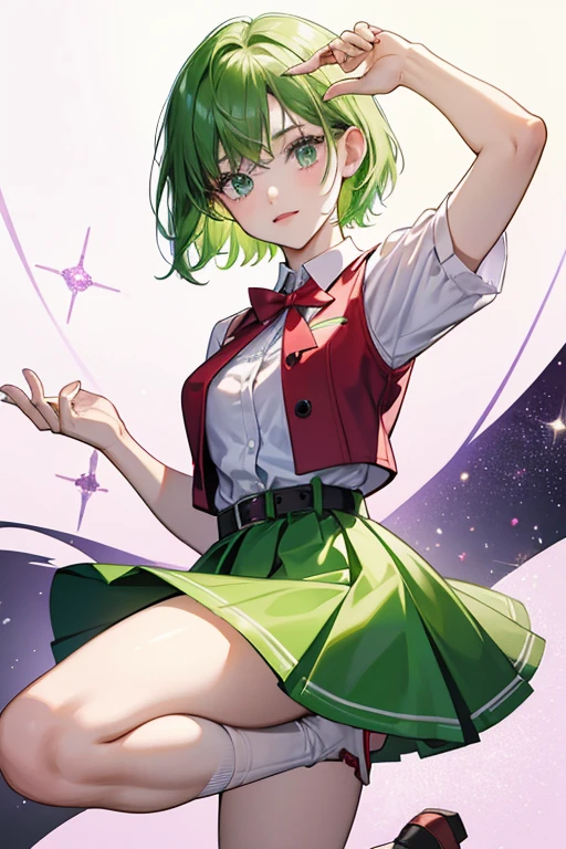 She has a light-green skin, green short hair, violet short sleeve shirt, red vest with a matching short knee length skirt, black leather belt, white socks, red and violet shoes, and white panties. SPARKLE; GLITTER