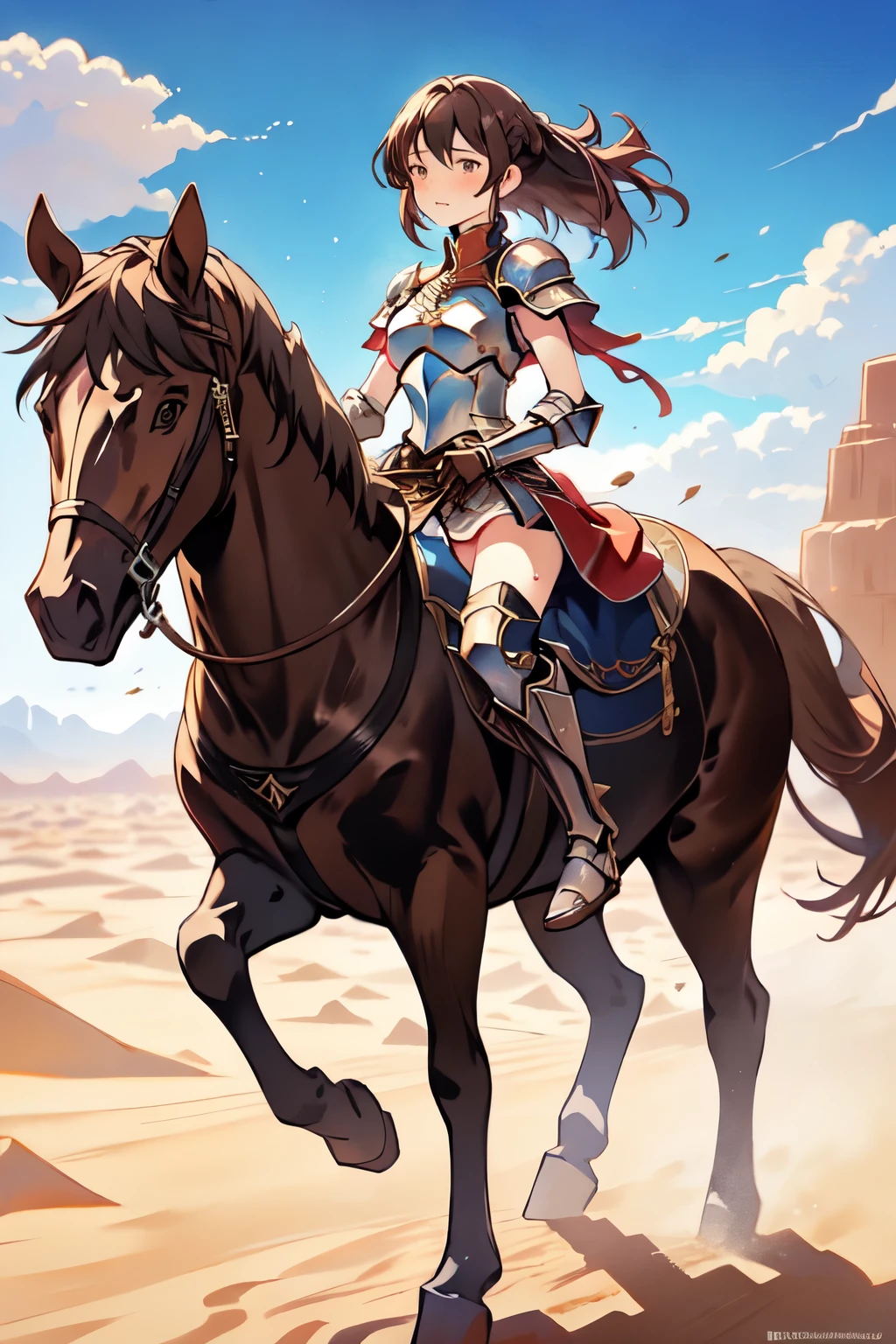 ((best quality)), ((anime masterpiece)), (high detailed), 8k, perfect face, female knight riding a BROWN HORSE, (armor, miniskirt, leather boots) exhausted, sweating face, solo, in the middle of desert, anatomically correct
