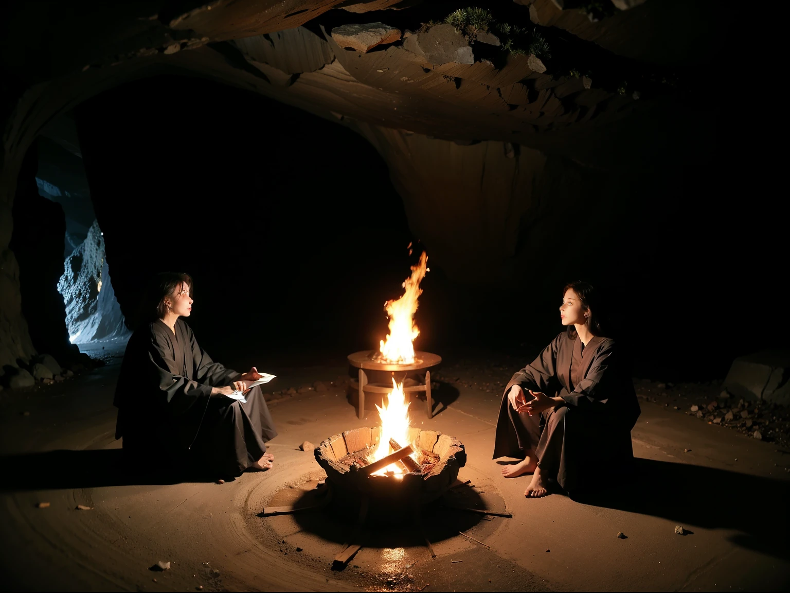 cartoon，People in black robes sitting at a stone table in the 1980s，Background cave，Gray environment，There is a bonfire