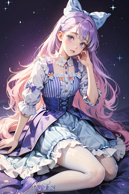 Lavender wears an indigo top with a pale indigo collar and two tiny peach bows. Her skirt has peach ruffles lining the bottom and a pattern of pale blue and purple dots. She also wears pale blue and indigo striped tights and blue boots with peach strings, purple bottom, and a pale blue toe with tiny dots. SPARKLE; GLITTER