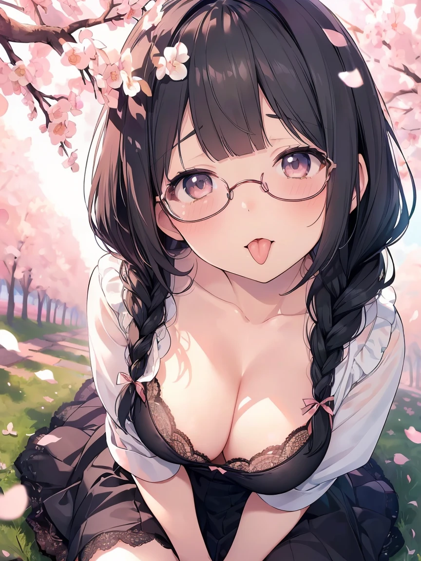 Very detailed, highest quality, High resolution, Moe Anime, ((A cute  with black hair and droopy eyes)), ((Wearing large round glasses:1.4)), (Baby Face), Cute eyes, eye depiction, Sparkle in the eyes, View your viewers, Pale skin, (Big eyes:1.4, Droopy eyes:1.4, Fatty face:1.4), smile, Focus on the face, In the park with cherry blossoms falling, Sitting, (Extreme close up of tongue), (((From above:1.2))), Open your mouth, (((Face only:1.3))), ((Lace Lingerie)), Bright Eyes, Light from the front, (Put your hands between your legs:1.4), large and long tongue, Cleavage, Braided Hair, Pink ribbon