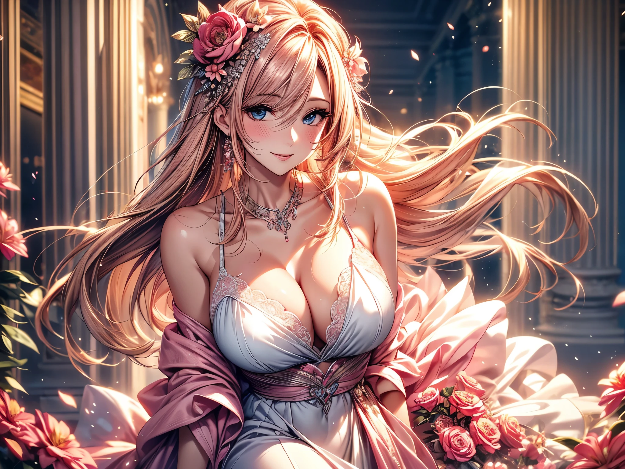 (best quality, 8K, masterpiece:1.2), Octane Render, pink fashion, elegant dress, pink long hair, beautiful woman, pretty eyes, gentle smile, flower hair ornament, surrounded by flowers