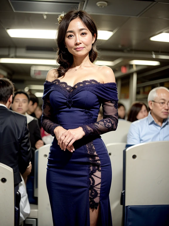In 8K、Raw photo、highest quality、Realistic、Photorealistic、Professional Lighting、masterpiece、Very delicate and beautiful woman)、A woman standing in an empty subway looking at me, Wear an off-the-shoulder knit dress loosely、There is no one else on board、45 years old、Has E-cup breasts、Round ass、Slender beautiful woman、Look into the camera、