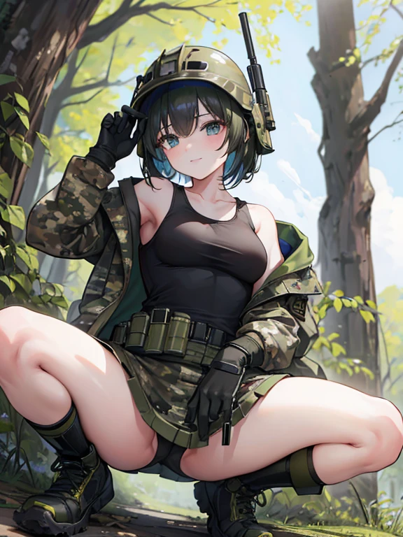 masterpiece, highest quality, One girl, army, A seductive smile, Camouflage helmet, Bob Hair, Squat, Outdoor, camo jacket, gloves, army boots, From below, Feet Focus, Spread your legs, m16a1, Have a weapon,Black lace,,T-Shirts,Tank top,Total lace,Perforation,