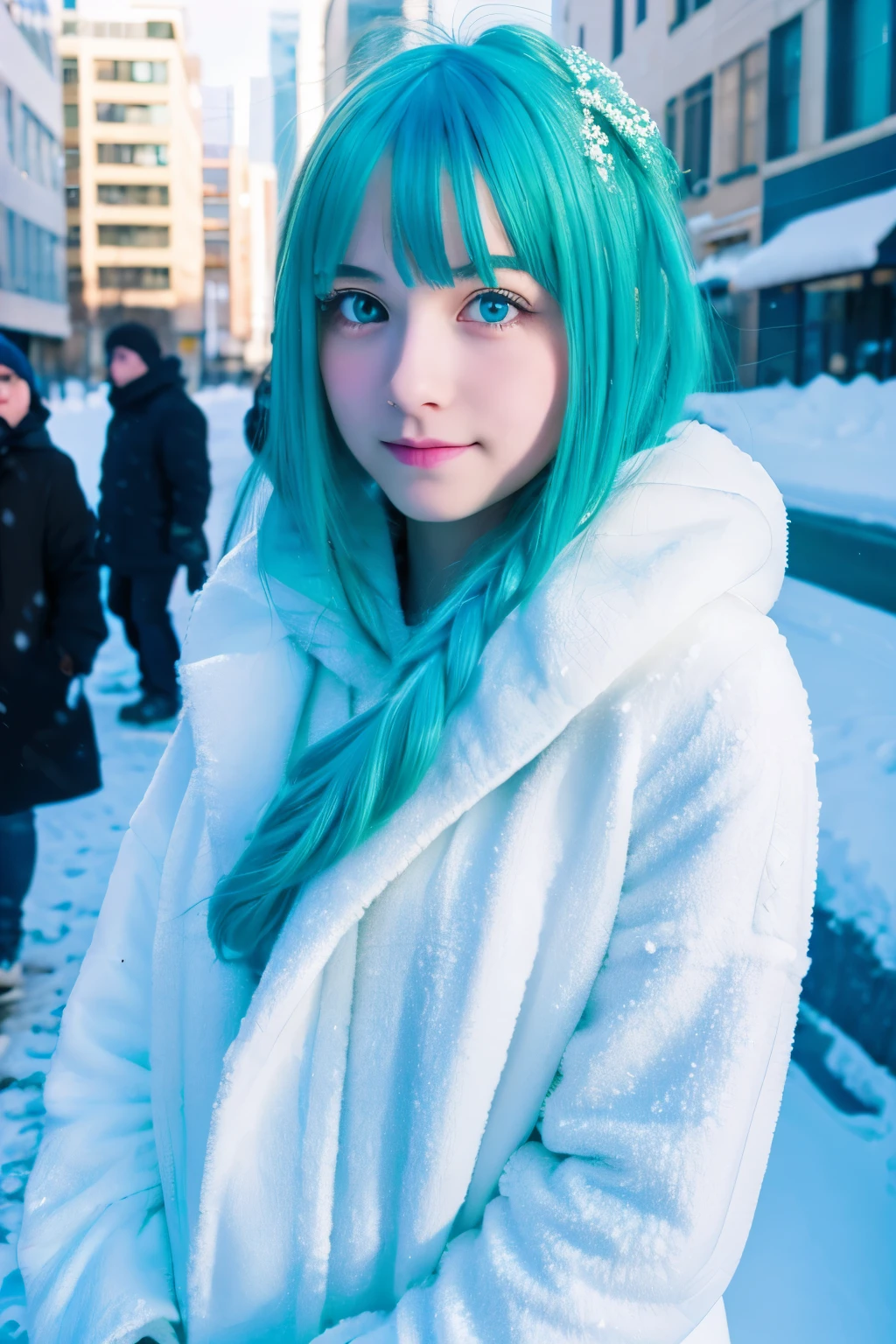 highest quality,Ultra-high resolution,One girl,alone,whole body,snow,city,, Blue Hair,Green Eyes,ＪＫ,,