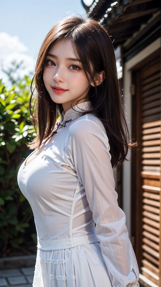 Top-quality Realistic,Official art,Highly detailed CG Unity 8k wallpaper,ultra-detailliert,hight resolution,Physically-based rendering,Magnificat,finely detail,masterpiece,Best Quality,ultra detailed,Mature beauty,Beautiful women,1girl,moist lips,sexy lips,Sexy smile,Gentle smile, 20 years old, Beautiful bare skin,Smooth bare skin, big well-shaped breasts, beautiful cleavage,beautiful Mature body,swept bangs,(Medium hair:1.3), beautiful detailed eyes,model shoot style,Japanese Idol,Full-body,((Trang An Landscape Complex)),BREAK, ((Ao dai:1.3)),(vietnamese national costume),Standing model pose,Delicately expressed eyes,cute smile,standing position,A gentle smile like a goddess,((Extreme close-up)), from behind