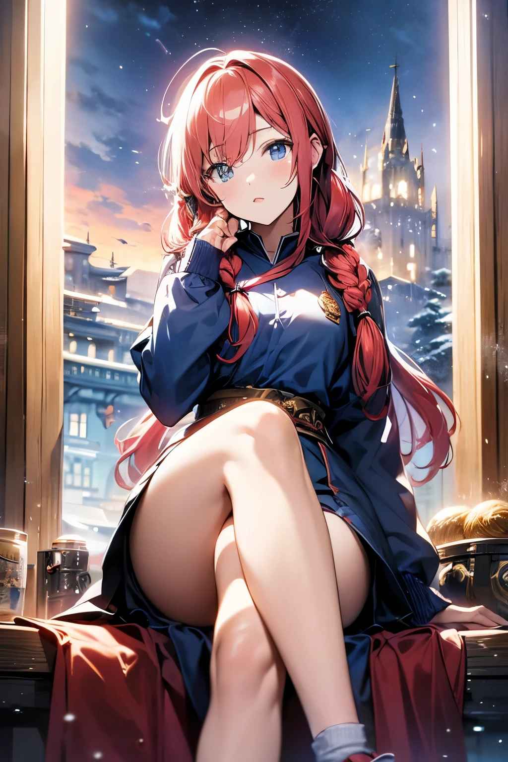 1 female、Red-haired twin tails(Blue ribbon)、Sitting with legs crossed, looking down、princess、Wizard、A Wizard's staff as tall as he is leaning against it、background(Snowy mountain in a snowstorm)、Angle looking down from the front、High definition、highest quality、Mature face、Haughty expression、Head-on portrayal、Masculine appearance、Wizard Outfit