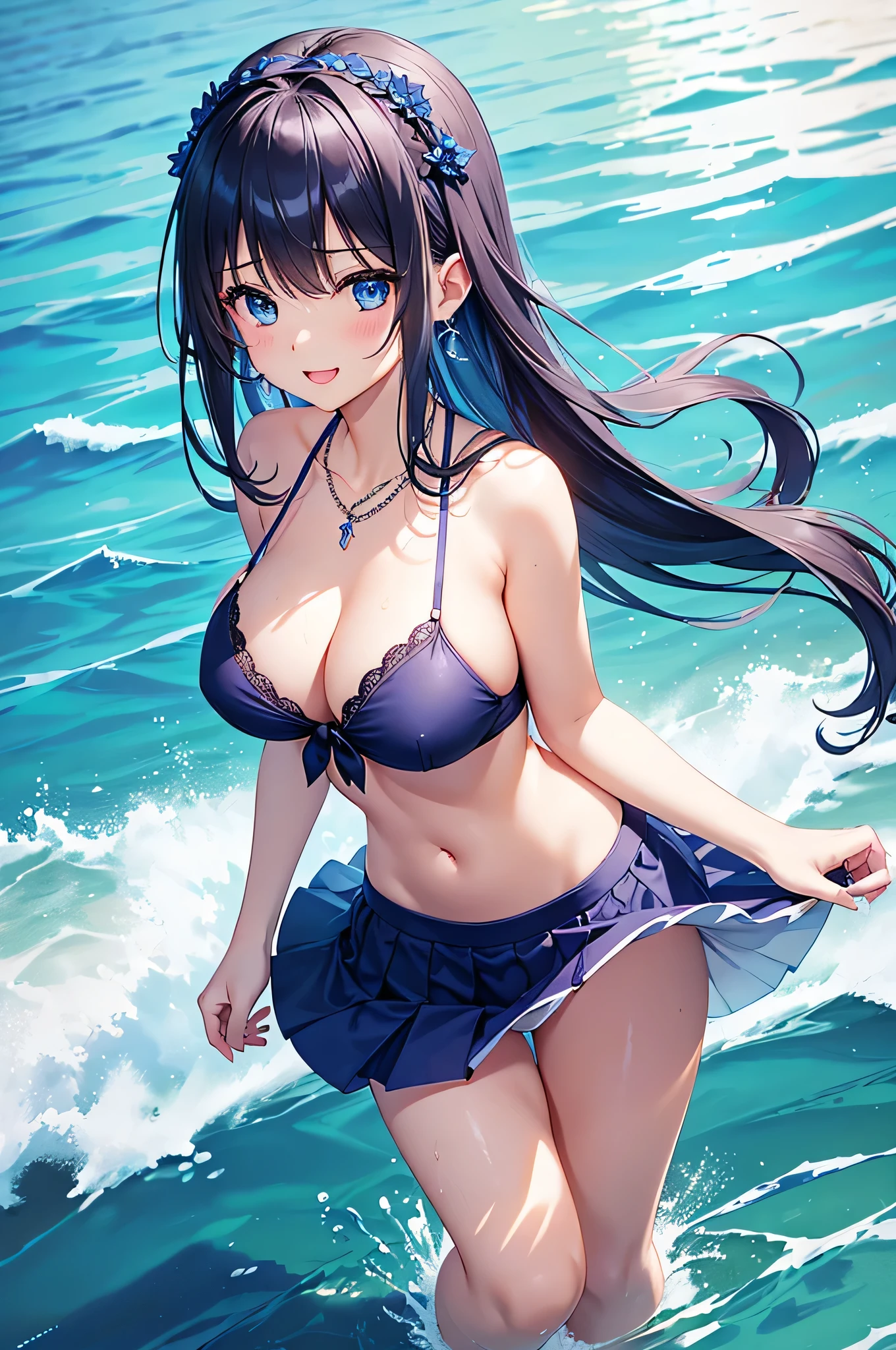 highest quality、Highest quality、masterpiece、beautiful girl、((1 female:1.5))、Navy blue long hair、blue eyes、Sexy bikini in dark blue、Big cleavage、(Big Breasts),smile、necklace、Blue earrings、situation(Swimming in the sea)、Open your mouth wide、Navy blue short skirt、white headband、((Standing and immersing your feet in seawater up to your thighs))、super close range、Emphasize the chest、forward leaning posture