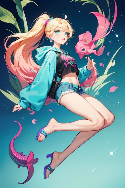 Lagoona has a warm pink complexion with gradients to cyan on her ear-fins and her legs, as well as visible cyan scales on her forehead and slight freckling. Her long hair is blonde with many portions of cyan and pinkish magenta, styled in a high ponytail with a black accessory, with two bang portions left loose and tucked behind her ears: the left one being cyan and the right one being the pinkish magenta; her bang sections are parted at the middle and each held with a set of pearl hair clips. Her eyebrows and eyeshadow are a teal-ish cerulean color, and her lower lashes are deep blue. Her lips are a hot pink and she has sharp piranha-like teeth. She also has fins on the sides of her lower legs and arms, the latter of which are not visible, while the former are shown to be an azure color.
Her outfit consists of a hoodie sweatshirt with a gradient of yellow-to-pink-to-cyan and black detailing, including a picture of a seahorse surrounded by bubbles on her chest. She wears jeans short-shorts with frayed ends over a pair of black fishnet shorts. On her feet, she wears sandals that are azure at the soles, while the top looks like a rose-colored octopus hugging each foot. She accessorizes with bright chartreuse starfish earrings and a red fanny pack at the waist- the fanny pack has a piranha teeth design on the front and a small bite taken out the side. SPARKLE; GLITTER