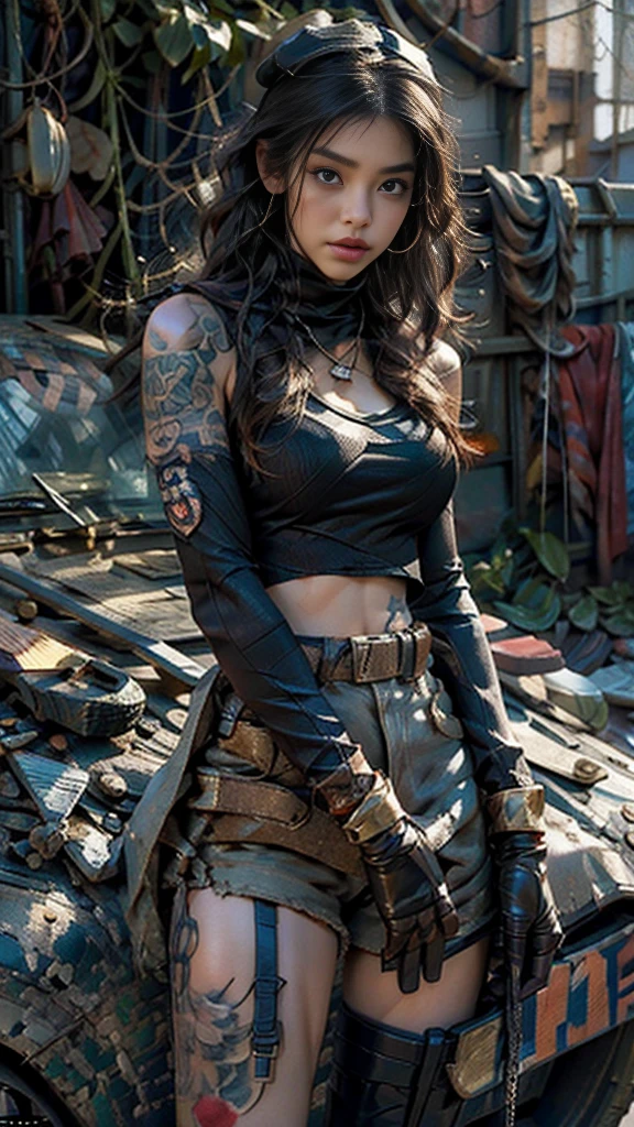 (Photographic:1.3, 16k, highest quality, masterpiece, Ultra-high resolution), Perfect dynamic composition:1.2, Very detailedな肌と顔の質感:1.2, Covered in scars:1.2, (Post-apocalyptic world:1.0, Contrasting with the desolate background:1.0, Increase the disruptive element:1.0, Debris and impurities scattered around:1.0), (Dynamic pose:1.0, Professional camera work:1.0, Aiming at you with a gun:1.0), Very detailed, Beautiful Japanese women serving in the US military, Incredibly slim body, Fair skin, Very beautiful face, Stern expression, (Automatic rifle:1.0, Bulletproof vest:0.5, Torn military uniform:1.0, Backpack:0.5, boots:0.5), Shapely breasts, Chest gap, Big eyes that exude beautiful eroticism, Lips that exude beautiful eroticism, Cowboy Shot, necklace, Earrings, bracelet, Tattoo, military cap